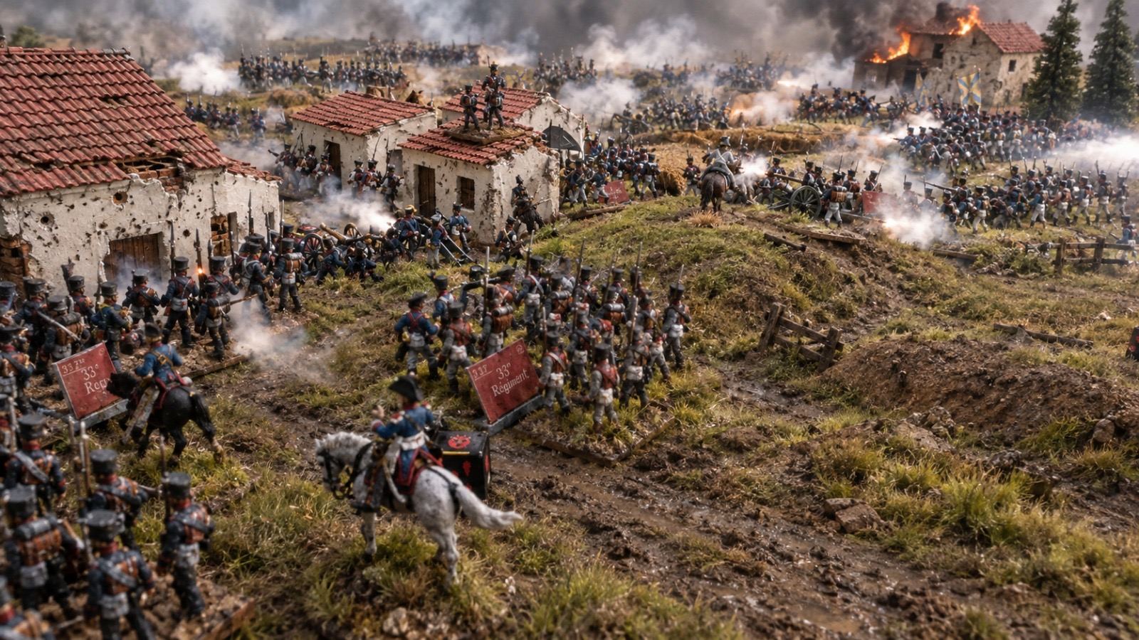 Ilustración de infantería prusiana defendiendo un pueblo en llamas mientras avanzan las líneas enemigas entre el humo